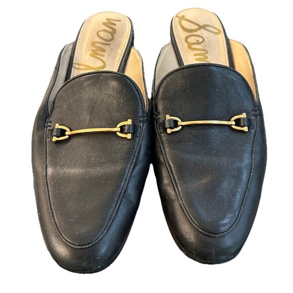 SAM EDELMAN LOUNETTE Size 6.5M Black Leather Mules Toe Gold Horsebit Flats Shoes - Picture 1 of 9